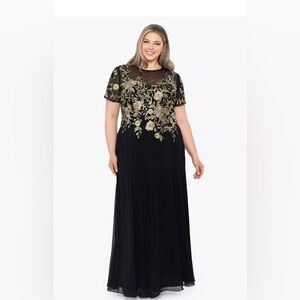 Betsy & Adam beautiful black and gold embroidered floor length gown NWT